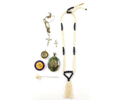 Silver and costume jewellery, including a Victorian agate pendant, overlaid with a silver monogram, abstract brooch, by Studi