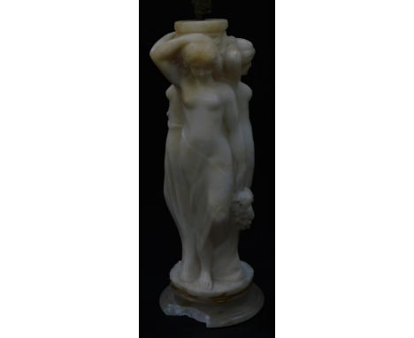 A 19thC carved alabaster figural table lamp, depicting  the Three Graces, 44cm high. (Socle AF)