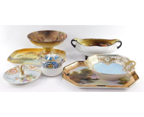 A group of Noritake porcelain, including a comport moulded with fruit and nuts, two dressing table trays, twin handled bowl p