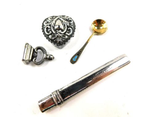 A Russian Soviet era silver gilt and champleve enamel salt spoon, Sampson Morden and Company silver pencil holder, Victorian 