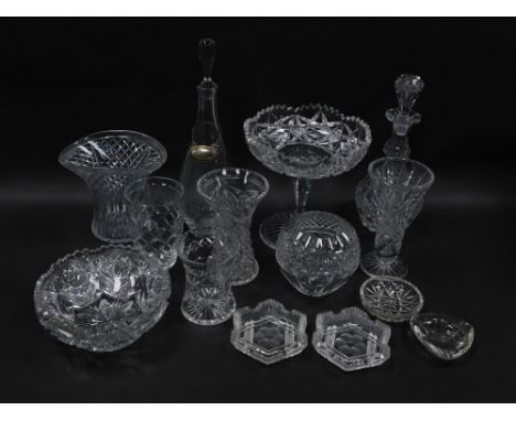 Various cut glassware, crystal, etc.,  a vase of inverted circular form hobnail cut and star cut with various flowers and geo