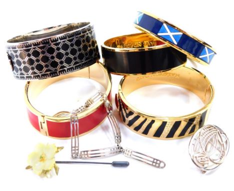 A group of modern costume jewellery, to include five Halcyon Days enamel bangles, to include four hinged examples and one wit