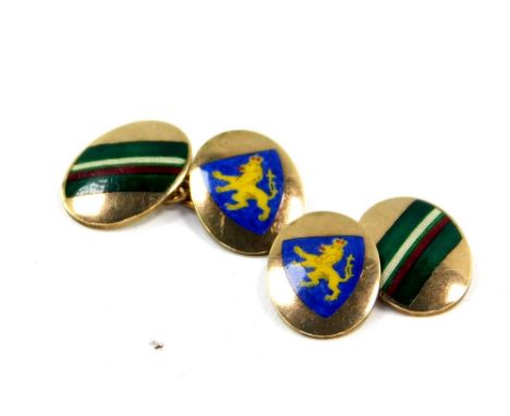 A pair of 9ct gold and enamel oval chain link cufflink's, decorated with a coat of arms and coloured stripes, 9.6g.