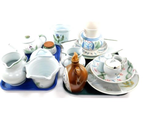 A group of Buchan pottery, variously decorated, including a teapot, honey pot, cheese dish and cover, condiment set, jardinie