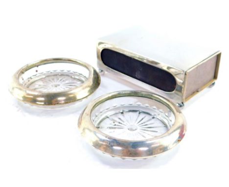 A pair of Webster sterling silver and pressed glass ash trays, stamped sterling, 10cm diameter, together with a continental r