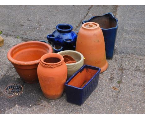 Various fire clay and other stone trough planters,  a sectional blue glazed planter, part vase pot 29cm high, etc. (a quantit