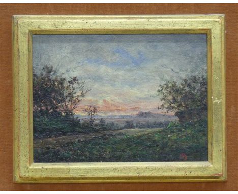Puhonny, Victor1838 Prag - 1909 Baden Baden, Ölmalerei wohl auf Karton, weite Landschaft am Morgen mit Spaziergänger, rechts 