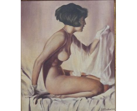 Goebel, J. (19)48Öl auf Leinen, knieende nackte Dame mit braunen Haaren, rechts unten signiert und datiert, (19)48, 62x51 cm,