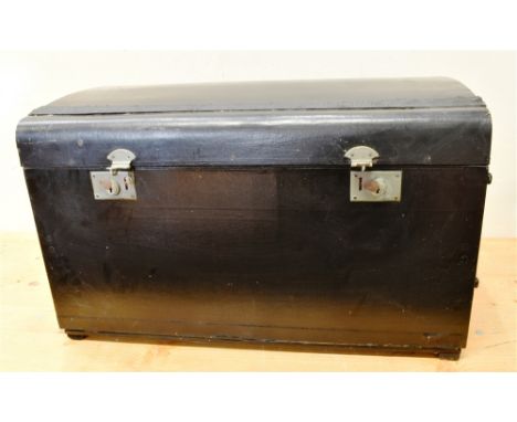 A 1920'S BLACK LEATHER COVERED AUTOMOBILE TRUNK  with dome top, fall down front and plated fittings, including D-ring ties, 7