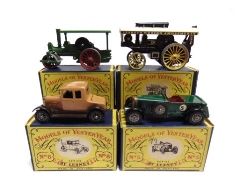 FOUR MATCHBOX 'MODELS OF YESTERYEAR'  comprising a No.5, 1929 4 1/2 Litre Bentley, green, racing number 5; No.8, 1926 Morris 