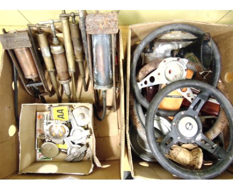 ASSORTED VINTAGE CAR SPARES AND PARKS  including two 1960's/1970's sports steering wheels, 1930's/40's Widney Klampon in car 