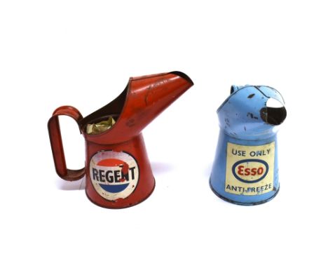 A 1960'S REGENT ONE PINT OIL POURER JUG  and a 1960's Esso Antifreeze One Pint Pourer Jug both with original finish and good 