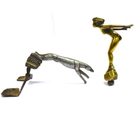 A CAST BRASS SPEED NYMPH CAR RADIATOR MASCOT BY DESMO CIRCA 1920after Augustine Emile Lejeune 12cm high; A light cast alloy g