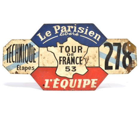 1953 TOUR DE FRANCE - A RARE 1953 TOUR DE FRANCE TECHNICAL 'TECHNIQUE ETAPES' SUPPORT CAR NO. 278 IDENTIFICATION PLAQUE of pa