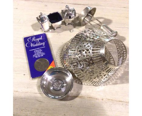 A Charles &amp; Diana commemorative coin mounted in a Birmingham silver dish, a pair of white metal pierced candlestick shade