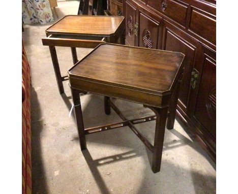 A pair of mahogany octagonal lamp tables, one with frieze drawer, both raised on square moulded supports united by stretcher 
