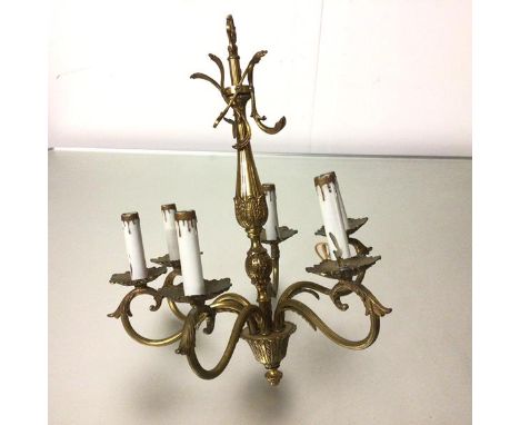 A French style brass cast six branch pendant light fitting with C scroll branches (52cm drop x 43cm)