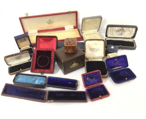 A collection of vintage jewellery boxes including stick pin cases, pocket watch holder, ring boxes, pearl fitted cases etc. (