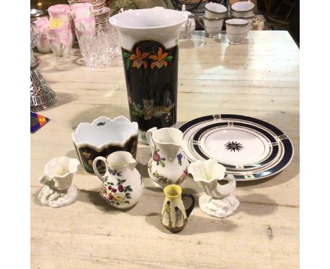 A Chase design Jagger Jungle spill vase, a Chase Jagger Jungle cachepot, a Thomas Goode plate and saucer, a Royal Worcester S