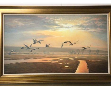 After Martin Ridley, Swans in Flight, print on textured paper, in gilt frame (61cm x 109cm)