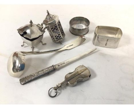 A London silver Thornhill &amp; Co. letter opener with paper knife inset handle (15cm), a silver drum style mustard and peppe