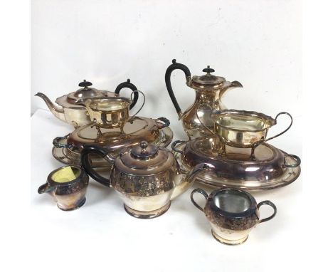 Two Epns oval entree dishes complete with liners, a plated four piece tea and coffee service, a plated three piece panelled t