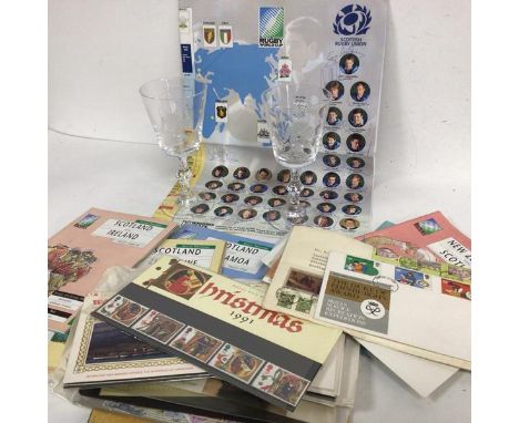 A Scottish Rugby Union signed poster and a collection of Scotland programmes, 1991 and two commemorative Rugby World Cup wine