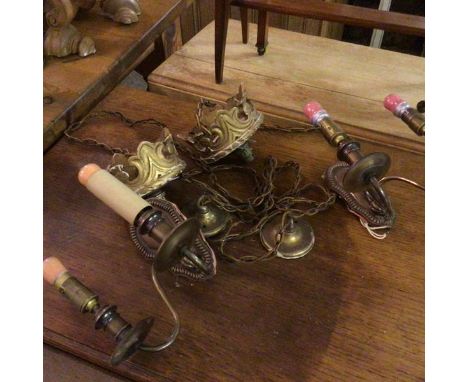 A pair of Corona style thistle style gilt wood light fittings complete with fixings (6cm x 14cm) and a pair of cast brass two