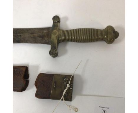 A French Infantry short sword, 1831 pattern, Gladius model, with brass hilt and leather scabbard, both stamped 896, overall 6