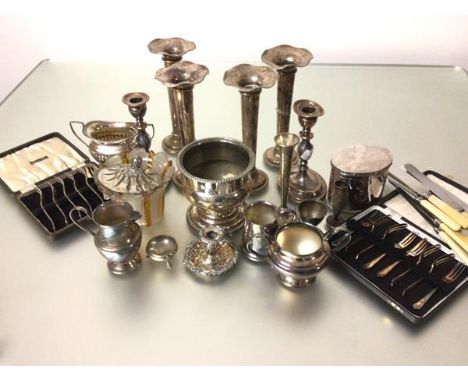 A set of four Epns flower tubes, ex Albert Hotel, Inverness, a rose dish, an Epns milk jug and sugar basin, two sets of Epns 