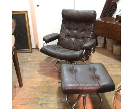 A Norwegian 1960s chrome recliner easy chair upholstered in brown leather, with button back and seat, with matching footstool