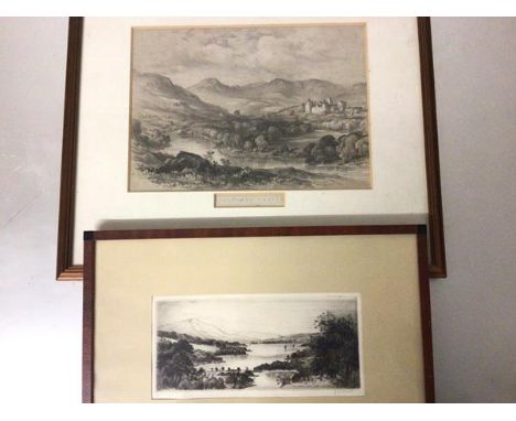 James McArdle, Loch Tummel (Queen's View), drypoint, signed in pencil (10cm x 22cm) and a 19thc print, Balmoral Castle (2)