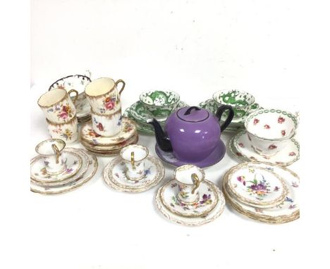 A Czechoslovakian purple and black morning teapot and saucer, two Bisto cups and saucers, two Tuscan china green dragon decor