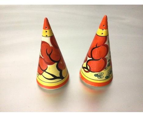 A Wedgwood Clarice Cliff Centenary 1899-1999 Bizarre pair of conical sugar castors (14cm)