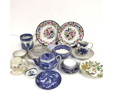 A Caughley Worcester leaf shaped chutney dish (a/f), a Caughley Worcester sparrow beak jug (restorations), a transfer printed