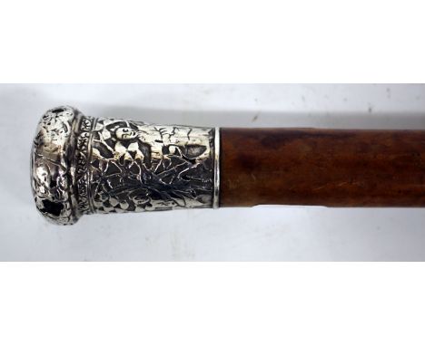 AN OLD MALACCA WALKING CANE with Oriental white metal embossed silver finial 91cm long 