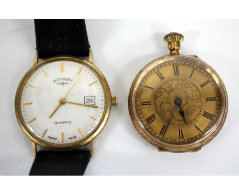 AN 18CT GOLD CASED LADIES POCKET WATCH the dial 3cm diameter, together with a Rotary quartz wrist watch (2)