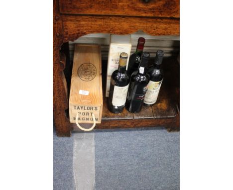 A MAGNUM OF TAYLORS LATE BOTTLED VINTAGE 1982 PORT in a pine box together with a Taylors late bottled vintage 1992 port, a bo