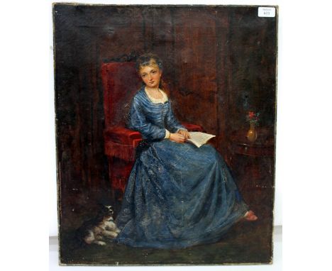 19TH CENTURY ENGLISH SCHOOL Portrait of a girl wearing a blue dress sitting in a large armchair with a dog resting beside her