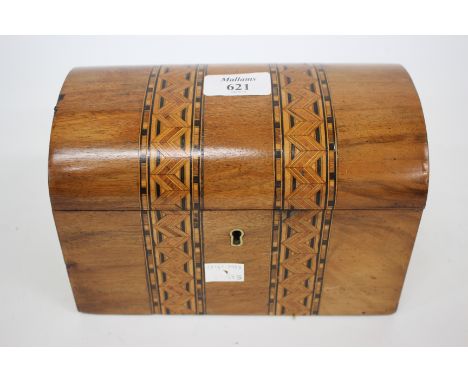 A VICTORIAN DOME TOPPED TEA CADDY with inlaid decoration, 20cm wide