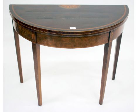 A GEORGIAN MAHOGANY 'D' SHAPED FOLDOVER CARD TABLE with decorative inlay and on square tapering legs 91.5cm wide 