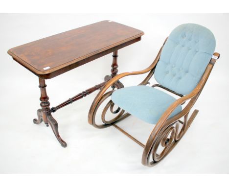 A BLUE DRALON BUTTON UPHOLSTERED BENTWOOD ROCKING CHAIR 52cm wide together with a Victorian rectangular centre table 98cm wid