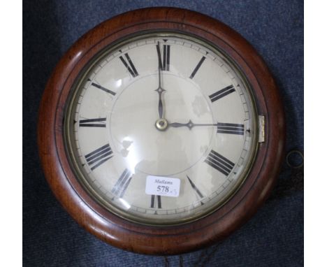 A 19TH CENTURY CONTINENTAL MAHOGANY FRAMED POSTMAN'S ALARM CLOCK, 30cm diameter, a further 19th Century wall clock and a maho