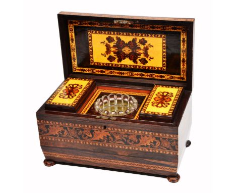 A VICTORIAN ROSEWOOD AND PARQUETRY DECORATED TEA CADDY, with bands of floral decoration, the lid with a view of Erridge Castl