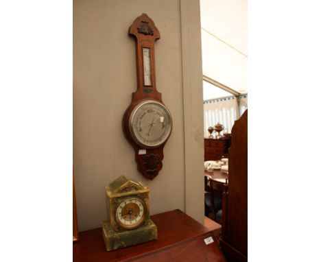 A GREEN ONYX MANTEL CLOCK, 19cm wide, together with an oak cased barometer (2)