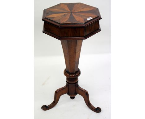 A VICTORIAN WALNUT OCTAGONAL WORKTABLE, the lid with parquetry wood inlay, the lifting lid opening to reveal a fitted interio