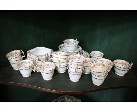 A SPODE PORCELAIN PART TEASET consisting of teacups, coffee cups, saucers, a sugar box (cover lacking) all decorated with gil