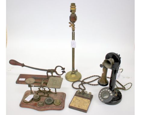 AN OLD BLACK LACQUERED CANDLESTICK TYPE TELEPHONE set up as a telephone demonstration set together with a set of Victorian ta