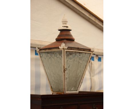 A LARGE OLD COPPER FOUR GLASS LANTERN with finial top, 86cm high