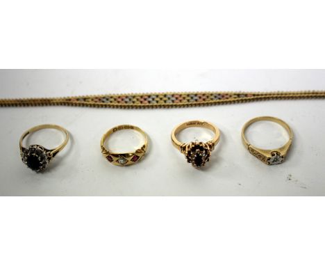 A LATE 19TH/EARLY 20TH CENTURY 9CT GOLD CHIP DIAMOND AND SAPPHIRE SET DRESS RING, three further gold rings and a 9ct gold bra